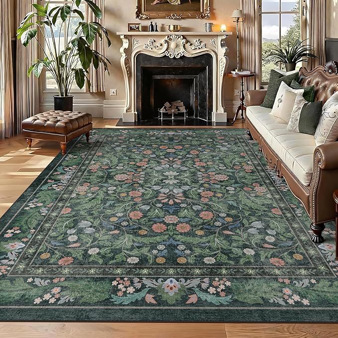 Green Floral 8x10 Area Rugs for Living Room Large Washable Rug Vintage Forest Low Pile Non Slip Stain Resistance Soft Carpet for Dining Room, Bedroom, Office Rug, Kids Room, Nursery Room, Playroom