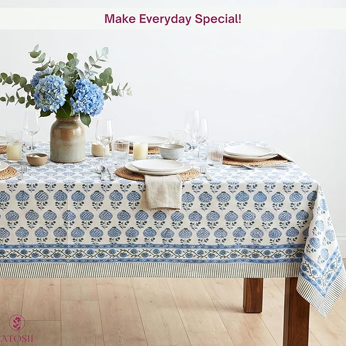 ATOSII Roma Blue 100% Cotton Boho Rectangle Fall Tablecloth, Handblock Floral Print Table Cloth Linen for Kitchen Dining I Parties, Outdoors, Weddings, Christmas, Thanksgiving Decor 60 X 108 Inches