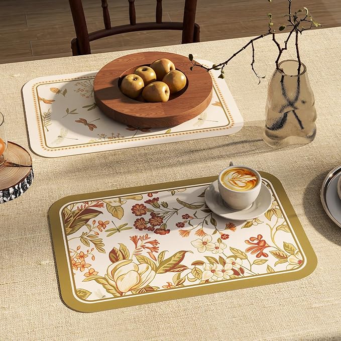 ISAENNE Grey Green Placemats Set of 6,Rectangular PVC Placemats, Waterproof and Heat-Resistant Botanical Floral Pattern,Decoration for Kitchen,Dinning,Parties, Holiday,12"*17"