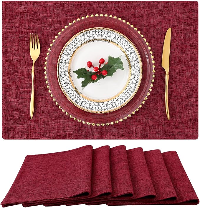 homing Cotton Linen Placemats Set of 6, Cloth Washable Farmhouse Dining Table Mats for Indoors & Outdoors, Easy to Clean, Red, 13 x 19 Inch