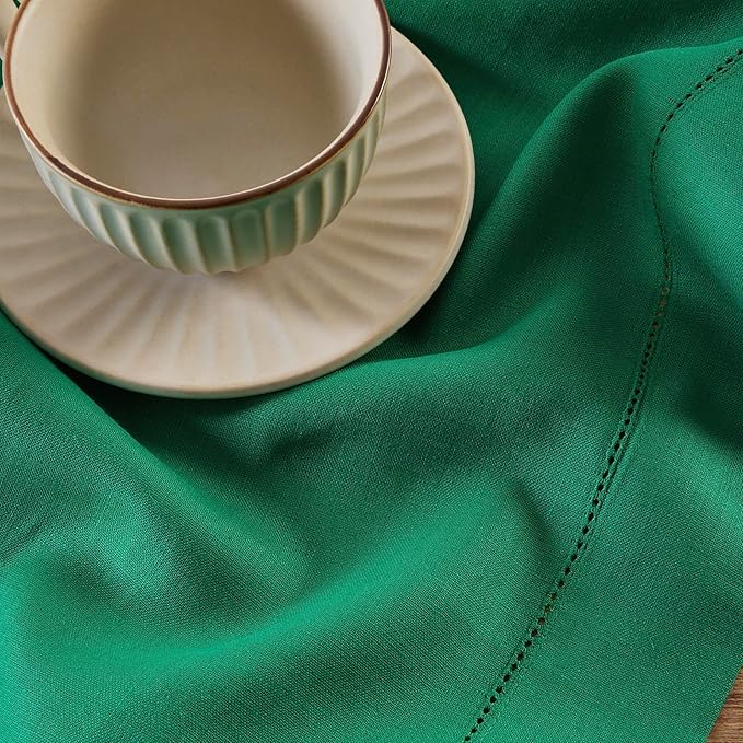 Solino Home Linen Tablecloth 60 x 120 Inch - Classic Hemstitch 100% Pure Linen Emerald Green Table Cloth for Rectangle Tables - Machine Washable Tablecloth for St Patricks Day