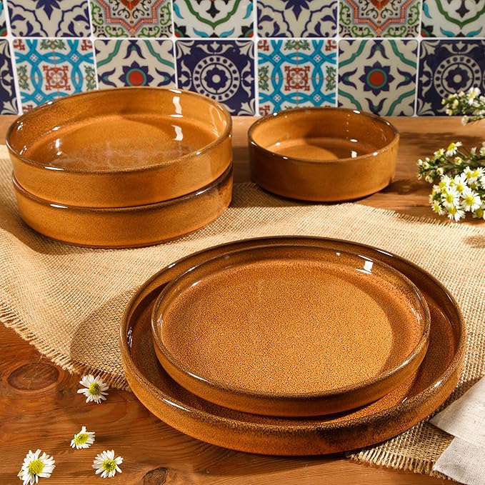 Bloomhouse - Two Time Oprah's Favorite Things Winner - Santorini Mist Double Bowl Terracotta Reactive Glaze Plates and Bowls Dinnerware Set - Amber, Service for Four (16pcs)