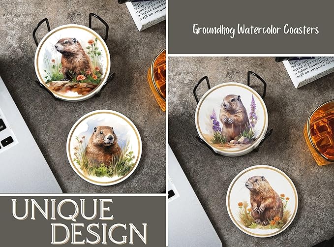 Onebttl Groundhog Gifts Coaster, Home Decor for Women, Moving, Housewarming, Set of 6, Ceramic, Absorbent with Cork Base