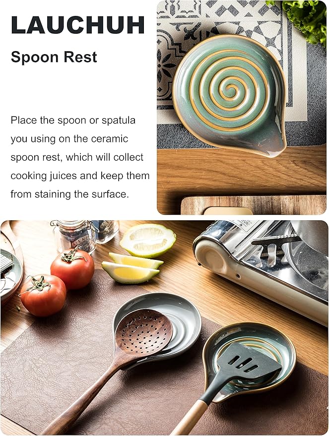 LAUCHUH Spoon Rest for Kitchen Counter,5" Spoon Holder for Kitchen Counter Stove Top Ceramic Spatula Holder for Ladle, Spatula, Spoons or Tongs, Christmas Decor, Unique Green