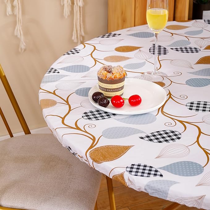 Walrus Round Vinyl Fitted Tablecloth with Flannel Backing Elastic Edge Design Table Cover Waterproof Oil-Proof PVC Table Cloth Stain-Resistant Best for 45"-56" Round