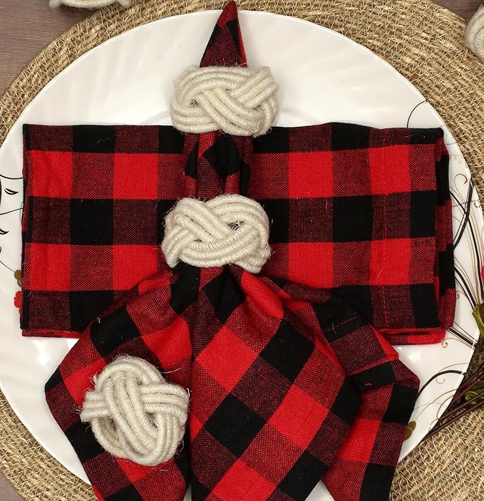 CLEENTABLE Farmhouse Napkin Ring Set of 12 - Handwoven Cotton & Jute Knot Design for Table Decor, Weddings, Dinner Parties & Everyday Dining - Decorative Adornment for Table Setting (Off White)