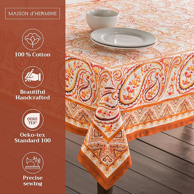 Maison d' Hermine Table Cloth Rectangle Table 100% Cotton 70 x 108 Inches Fall Tablecloth Reusable Everyday Use for Thanksgiving Christmas Decorations Dining Farmhouse Party (Palatial Paisley)