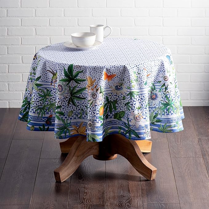 Maison d' Hermine Table Cloth Round Table 100% Cotton 63 Round Inches Tablecloth Reusable Decorative for Dining Room Farmhouse Home Valentines Day Decorations Spring Summer - Passiflora