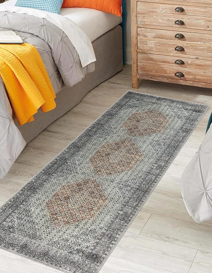 Keen Home Design 2x10 Rug - Machine Washable Runner Rug with Non-Slip Backing, Ideal for Hallway, Entryway, Kitchen, Laundry Room - Vintage, Easy Clean, Durable, Low Pile - (2'6" x 10')