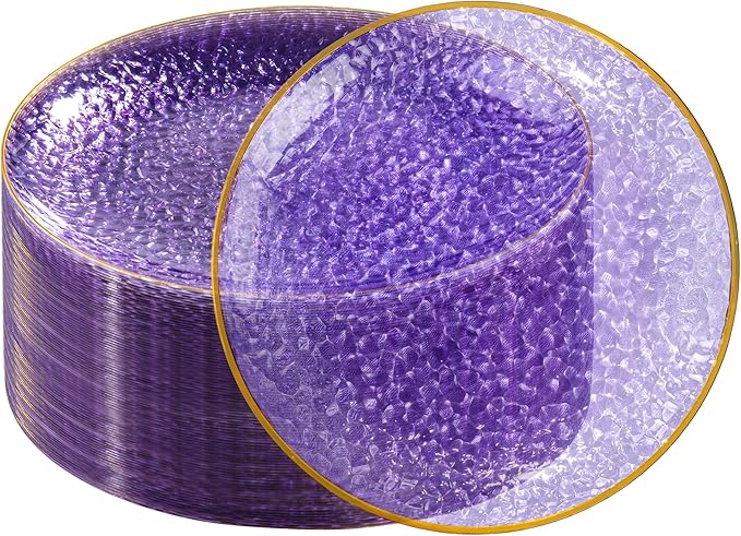 DaYammi 60 Pieces Purple Gold Plastic Plates - 10 inch Clear Dinner Plates - Hammer Pattern Design - Fancy Clear Purple and Gold Disposable Plates For All Occasions