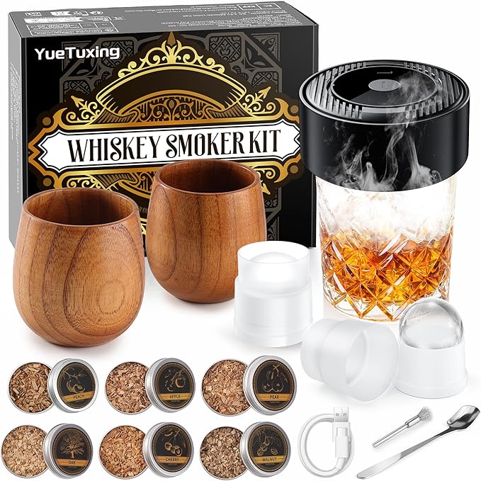 Upgrade Electric Whiskey Smoker Kit with 2 Wooden Bourbon Glasses, 6 Flavors Wood Chips, 2 Ice Ball Molds, Rechargeable Cocktail Smoker Kit Old Fashioned Drink Smoker Kit, Gifts for Men,Dad,Husband
