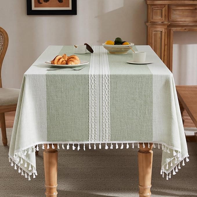 ZeeMart Contrast Linen Table Cloth Rectangle Table Cloths 60x120 Inch Mid-Stripe Green, Farmhouse Style Heavy Weight Sage Green Tablecloth, Water Resistant Burlap Tablecloths