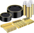 BESTVIP 300PCS Black Gold Dinnerware Set for 50 Guests, Plastic Plates for Halloween Party and Christmas, 50 Disposable Plates, 50 Dessert Plates, 50 Cups, 50 Spoons, 50 Forks and 50 Knives