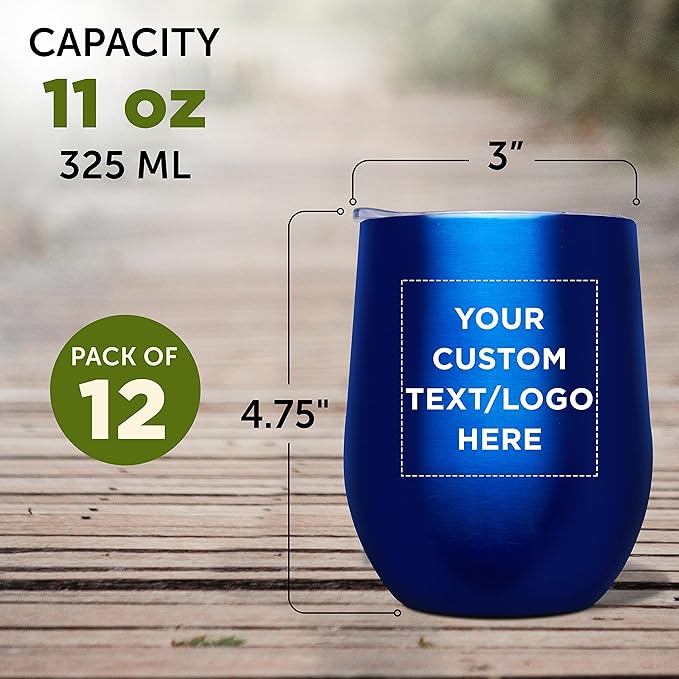 Custom Stemless Wine Glass Tumblers with Lids by Largo 11 oz. Set of 12, Personalized Bulk Pack - Perfect for Wine, Cocktails, Other Hot & Cold Beverages - Blue