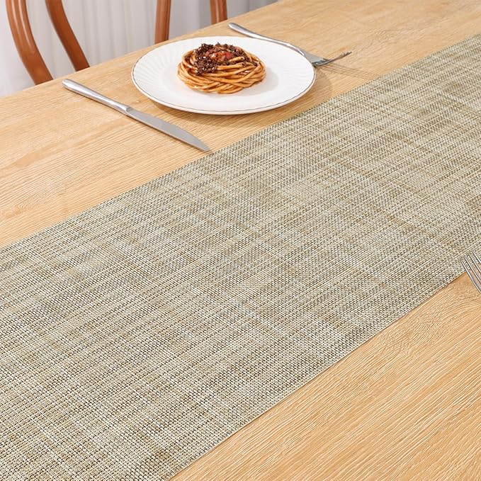 SHACOS Woven Vinyl Table Runners 12 x 54 inch Wipeable Table Runner Heat Resistant Runner for Table Indoor Outdoor, Beige