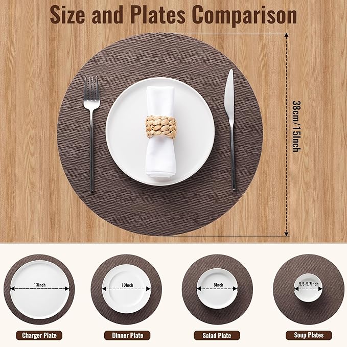Jovono 15" Faux Leather Big Round Placemats Set of 6 - Washable Heat Resistant Non-Slip Dining Table Mats with Fabric Texture for Kitchen Home Party Decor, Coffee