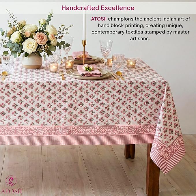 ATOSII Gulbahar White Pink 100% Cotton Fall Rectangle Tablecloth, Hand Block Print Washable Table Cover, Christmas Parties Buffet Dining, Weddings, Thanksgiving, Easter Decor 72 X 140 Inches 12 Seater