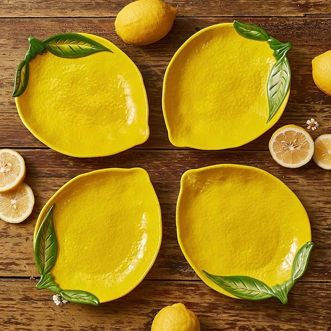Bico Lemon Shape Handpainted 8 inch Stoneware Salad Plates Set, Set of 4, Microwave & Dishwasher Safe, for Salad, Appetizer, Tapas, Picnic