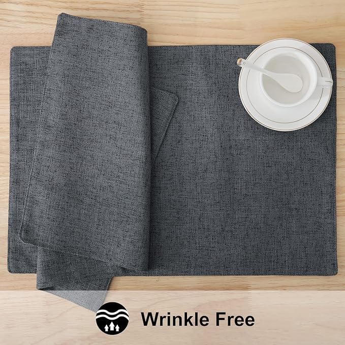 homing Cotton Linen Placemats Set of 4, Cloth Washable Farmhouse Dining Table Mats for Indoors & Outdoors, Easy to Clean, Charcoal, 13 x 19 Inch