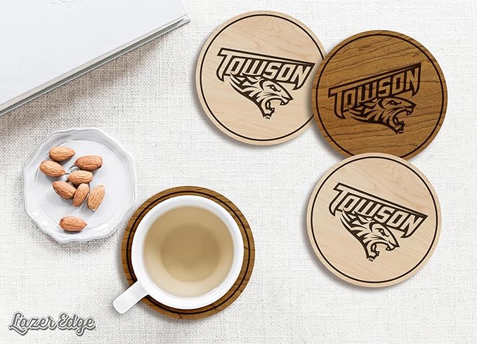 LazerEdge Wooden Coaster Set - 120+ University Designs Hand Crafted from Cherry Wood - Officially Licensed Product - 4-Pack (Towson Tigers)
