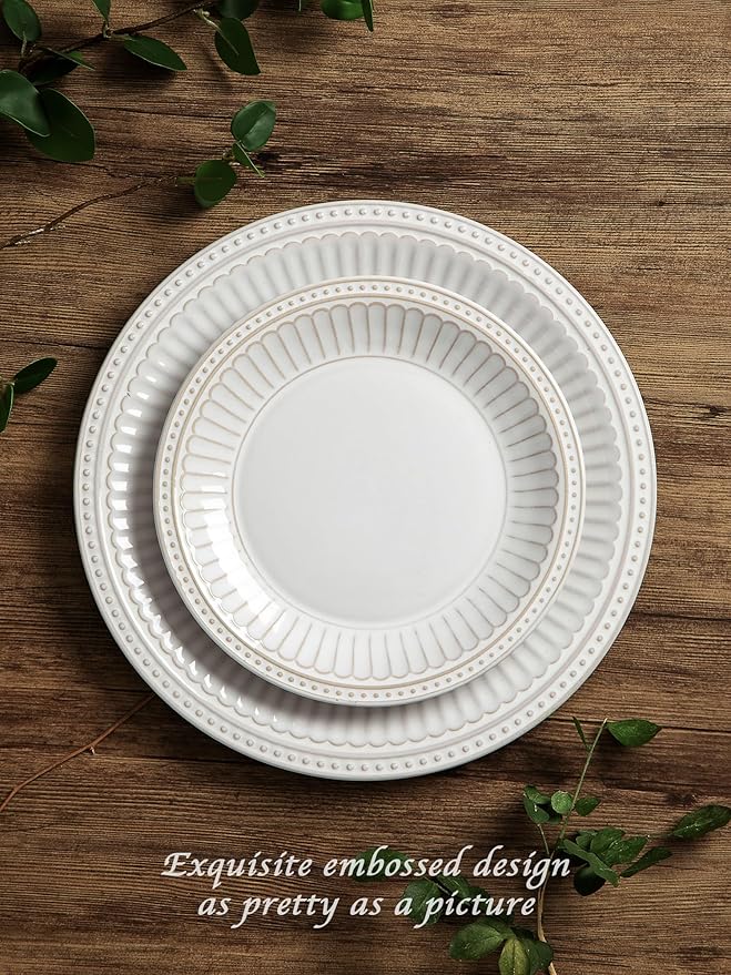Famiware Garden Plates and Bowls Set, 12-Piece Dishes Set for 4, Scratch Resistant Kitchen Dishes Dinnerware Set - Microwave and Dishwasher Safe, Reactive Glaze and Embossed Stoneware, White