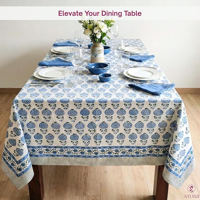 ATOSII Roma Blue 100% Cotton Boho Square Fall Tablecloth, Handblock Floral Print Table Cloth Linen for Kitchen Dining I Parties, Outdoors, Weddings, Christmas, Thanksgiving Decor 60 X 60 Inches
