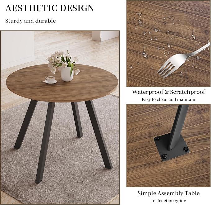 34.6'' Round Dining Table and Chairs for 4 Space Saving for Apartment Kitchen Dining Room (Walnut Table+4 Brown Chairs)