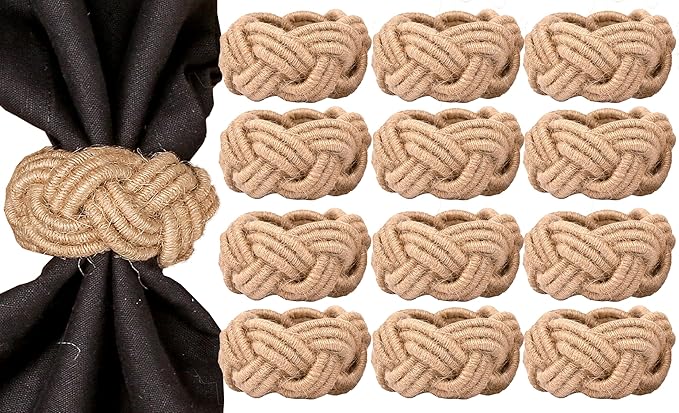 ALPHA Living HOME Round Jute Woven Napkin Rings, Water Hyacinth Easter Napkin Rings Set of 12 Napkins Holder for Elegant Table Decoration, Christmas Table Decor, Wedding Decor (Brown)