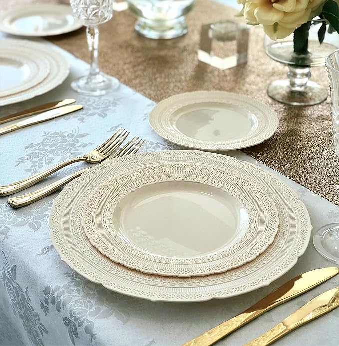 OCCASIONS 80 Plates Pack (40 Guests), Heavy Duty Fancy Ivory Plastic Wedding Plates, 40x11" Dinner + 40x8.25" Salad/Dessert, Disposable Reusable Elegant Vintage (Chateau Ivory)
