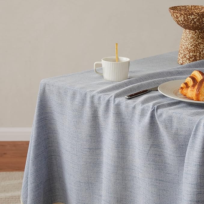 Linen Tablecloth with Tassels, Farmhouse Style Blue Tablecloth, Water Resistant Burlap Tablecloths for Square Table, 60x60 Inch Blue