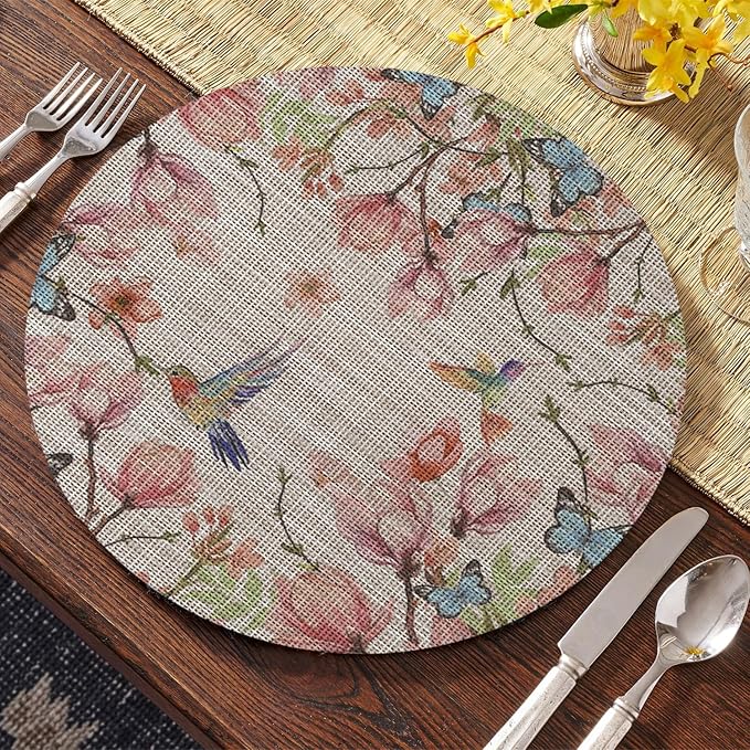 Artoid Mode Birds Flower Butterfly Round Placemats Set of 4, 15 Inch Plastic Woven Wipeable Non-Slip PVC Table Mats for Party Kitchen Dining Decor