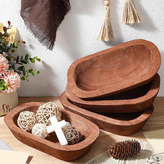 4 Pcs Wooden Dough Bowl Wood Decorative Rustic Wooden Bowls Table Centerpiece for Living Room Home Dining Room Kitchen Decoration(Brown,10'' X 6'' X 2'',Classic)