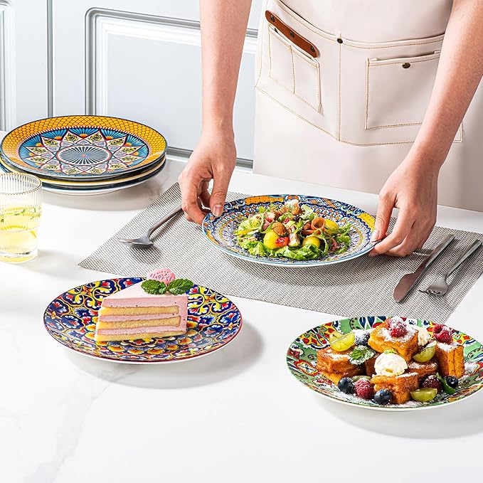 HENXFEN LEAD Ceramic Dessert, Salad Plates 8.5 Inch, Small Dinner Plate Set of 6- Serving Dishes for Thanksgiving & Christmas, Dishwasher & Microwave Safe - Bohemian Style