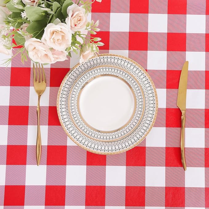 misaya Square Waterproof Vinyl Table Cloth, Buffalo Flannel Backed Tablecloth, Wipeable Plastic Table Cover for Valentine's Day, Dinner, Kitchen, Outdoor (60" x 60", Red and White)