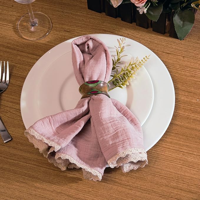 FINGERCRAFT Dinner Cloth Napkin Cotton Muslin Double Gauze 4 Pack with Classic Lace for Everyday Use, Wedding, Party, Christmas, Easter Napkins Cloth are Pre Shrunk and Good Absorbency Peach Wipe