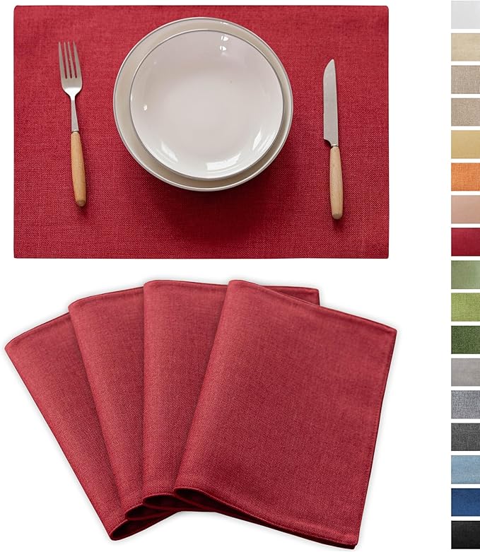Demetex Valentines Placemats Set of 4 Heat Resistant Red Linen Place Mats Wipeable Cloth Placemats for Party Wedding Holiday Dinner, 13 x 19 inches, Wine Red