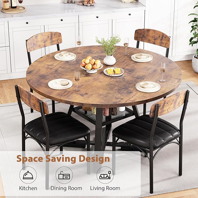 Round Dining Table Set for 4, Kitchen Table and Chairs for 4, Circle Table Round Pedestal Dining Room Dinner Dinette Table Set,5 Piece Space Saving Wood Kitchen & Dining Room Tables Set Furniture