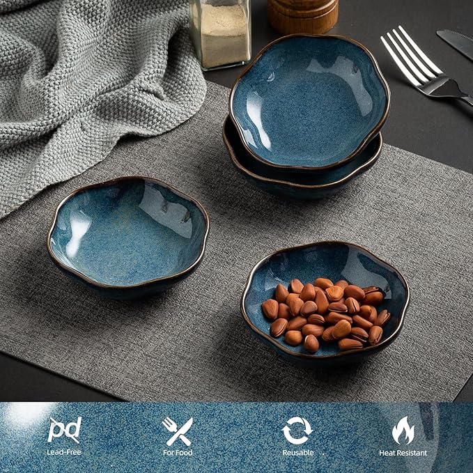 4.4Oz Kiln-Changed Dipping Bowls, 4.3 Inches Ceramic Flower-Shaped Soy Sauce Dishes, Small Appetizer/Side Plates Set of 4 (blue)