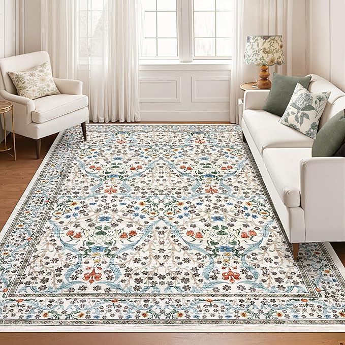 GarveeHome Floral Area Rugs 5x7, Washable Rug for Living Room, Bedroom, Low Pile Non Slip Stain Resistance Indoor Boho Carpet Mat for Farmhouse, Dining Room, Office, Beige