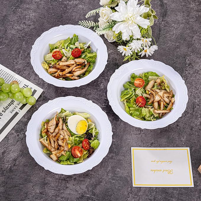 DaYammi 50 Pack White Plastic Bowls, 12oz Disposable Soup Bowls, White bowls Disposable Heavy Duty Dinner Bowls for Weddings, Salad Bowl for Parties, Dinners, Catering and Everyday Use