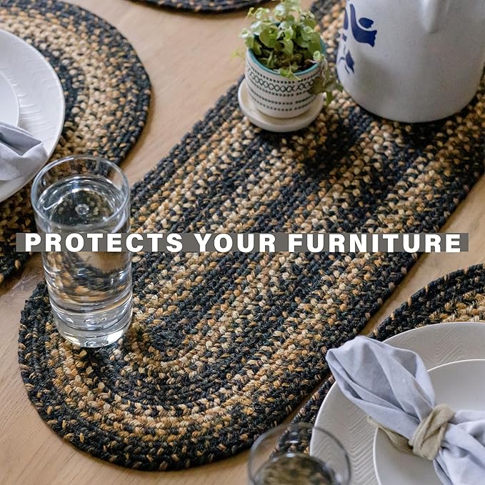 Homespice Kilimanjaro Jute Braided Long Table Runner, Warm Primitive Decor, Black and Brown Rectangle 11x36 - Rich Colors, Easy to Clean, Durable and Protects Furniture