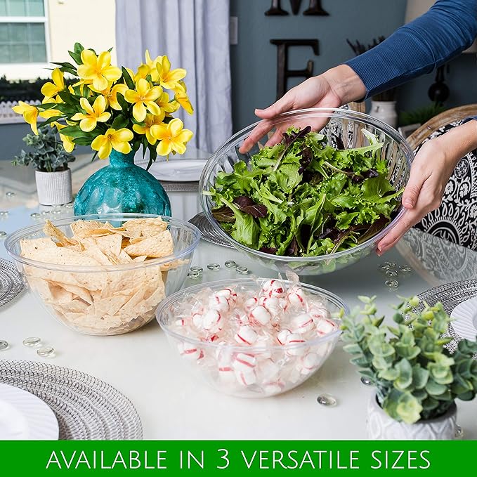 PLASTICPRO Disposable Round Crystal Clear Serving Bowls, Party Snack or Salad Bowl, Plastic Clear Chip Bowls, Party Snack Bowls, Candy Dish, Salad (2, 96 OUNCE)
