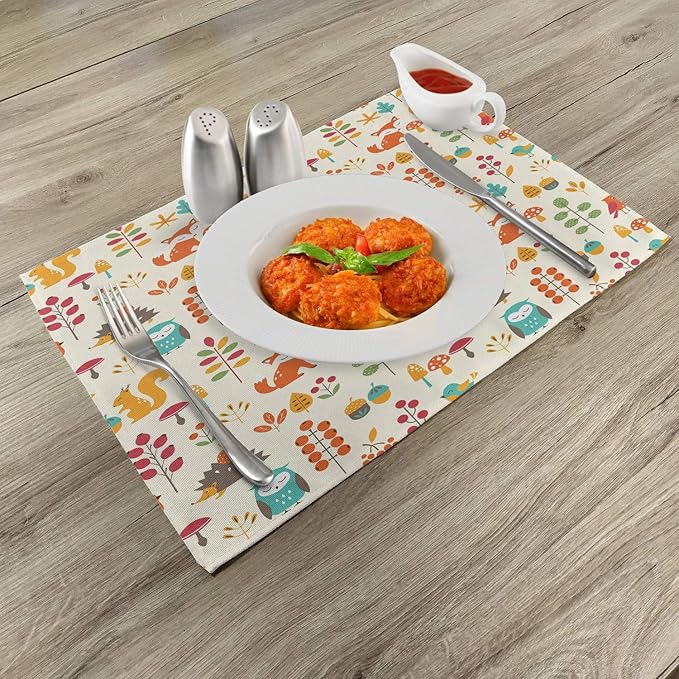 Ambesonne Cartoon Place Mats Set of 4, Autumn Pattern Owl Fox Squirrel Birds Animal Leaves Print, Washable Fabric Placemats for Dining Table, Standard Size, Cream Orange