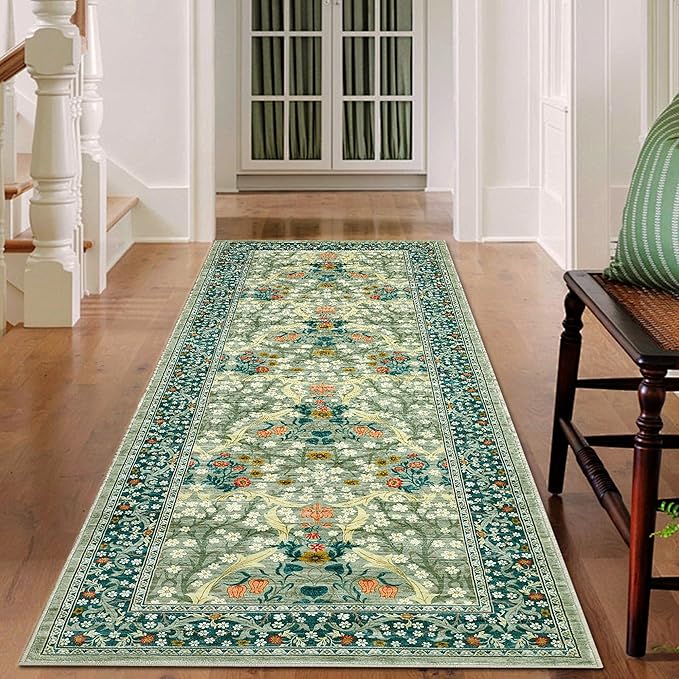 GarveeHome 2x6 Kitchen Runner Rug, Washable Rug for Hallway Non Slip Sage Green, Ultra-Thin Boho Soft Kitchen Runner Rug Botanical Carpet for Entryway, Laundry Room, Bedroom Floor Mat