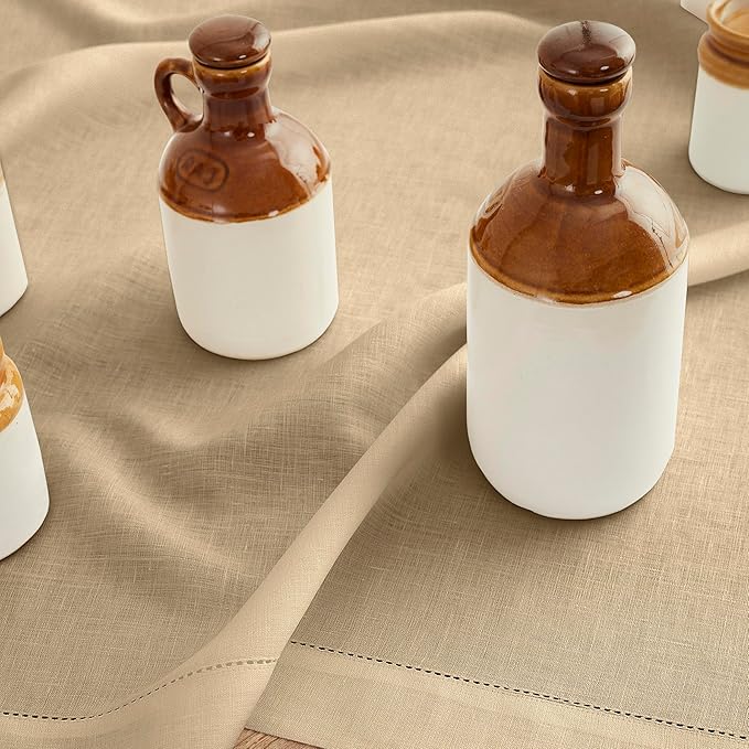 Solino Home Linen Tablecloth for Rectangle Tables 60 x 108 Inch - Classic Hemstitch 100% Pure Linen Beige Table Cloth - Machine Washable Cloth Tablecloth for Spring, Easter