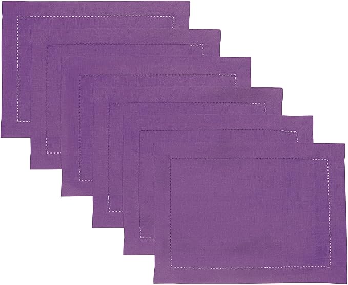 Solino Home Linen Cloth Placemats Set of 6-100% Pure Linen Hemstitch Purple Placemats 14 x 19 Inch - Classic Hemstitch Table Place Mats for Valentines, Spring, Easter