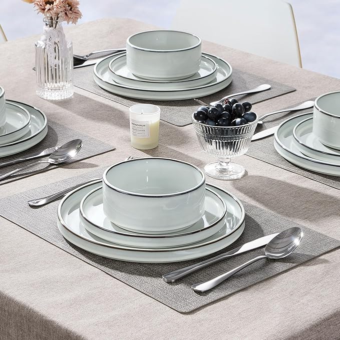 Herogo 24 Pieces Stoneware Dinnerware Set for 8, Ceramic Dinner Dishware Sets for Home Kitchen, Plates and Bowls with Rustic Terracotta Bottom, Dishwasher & Microwave Safe, Icy White