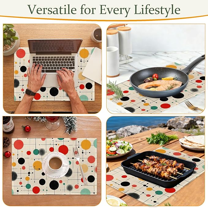 Mid Century Table Placemats Set of 6,Non-Slip Vintage Fabric Placemats for Dining Room Kitchen Party Holiday, Indoor Cloth Table Mats for Home Decor 11.8x17.7 Inch