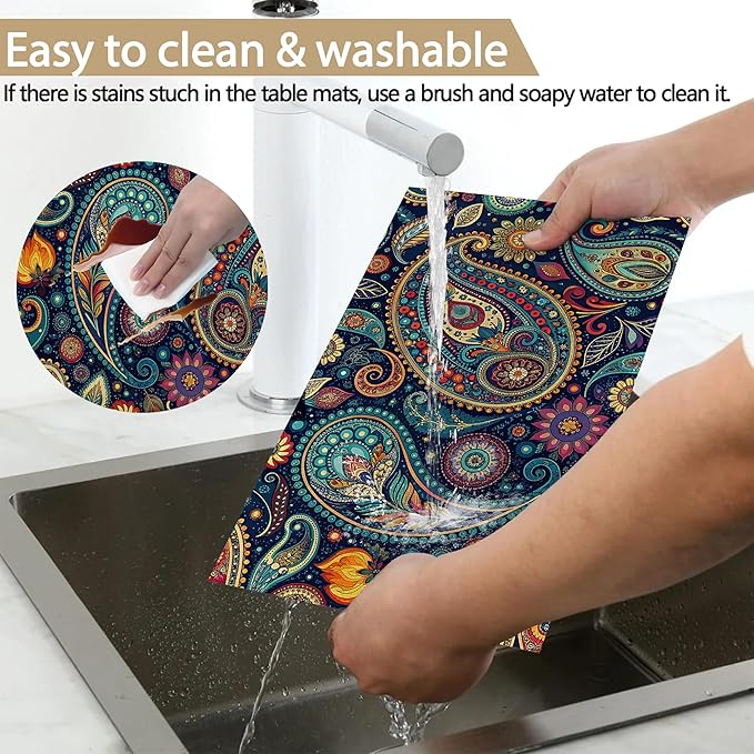 Table Placemats Set of 6 Indian Vintage Paisley Pattern Blue Place Mats Washable Kitchen Dining Linen Table Mats Stain Heat, for Home Party Indoor 12x18 in