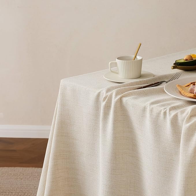 Linen Tablecloth with Tassels, Farmhouse Style Light Beige Tablecloth, Water Resistant Burlap Tablecloths for Round Table, 60 Inch Round Light Tan
